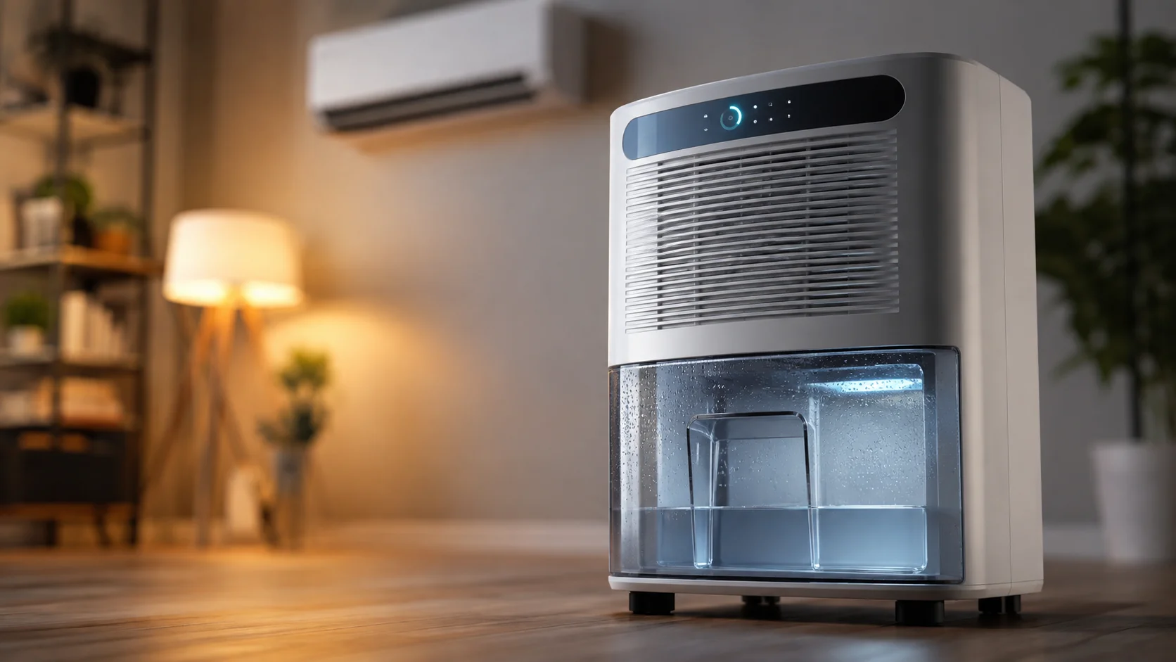 Modern white dehumidifier with a water tank collecting moisture in a living room.