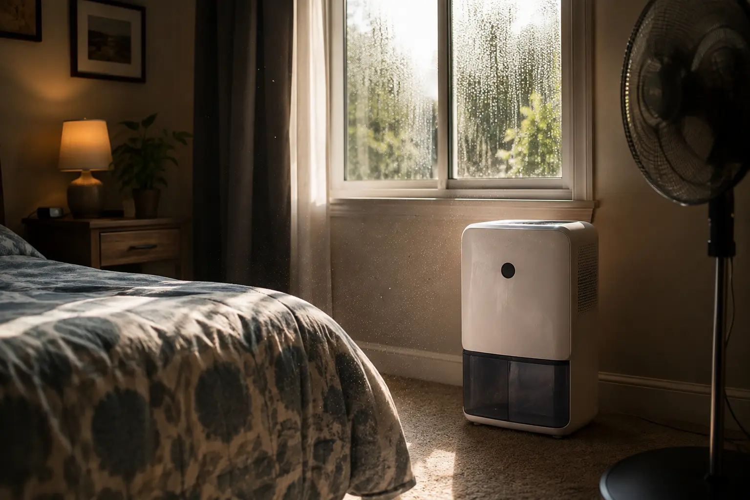 Modern white dehumidifier sitting next to a window in a bedroom near a standing fan.