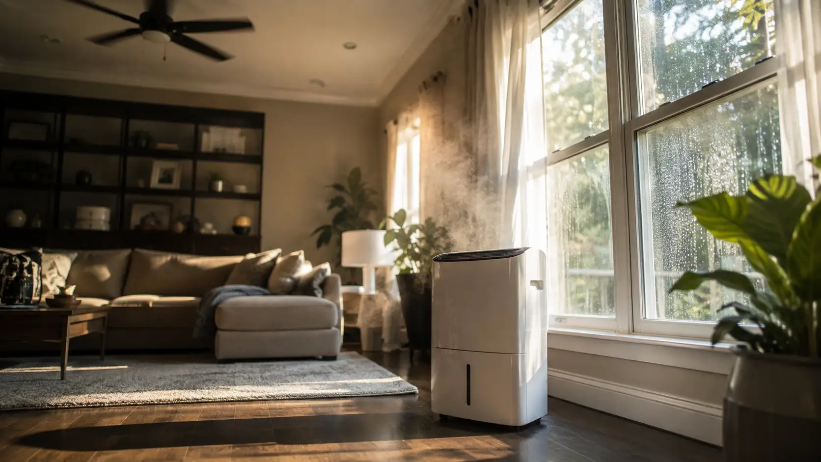 Portable white unit operating in a living room near a window, addressing whether does a