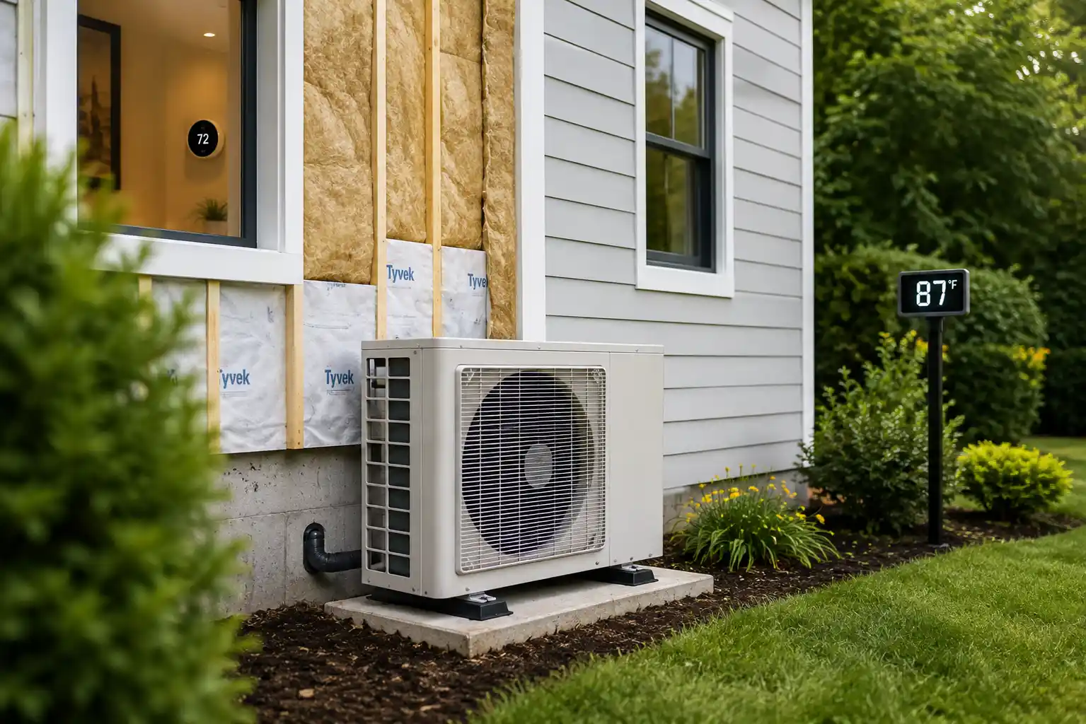 Outdoor heat pump installed next to exposed house insulation, illustrating what factors affect heat pump wattage.