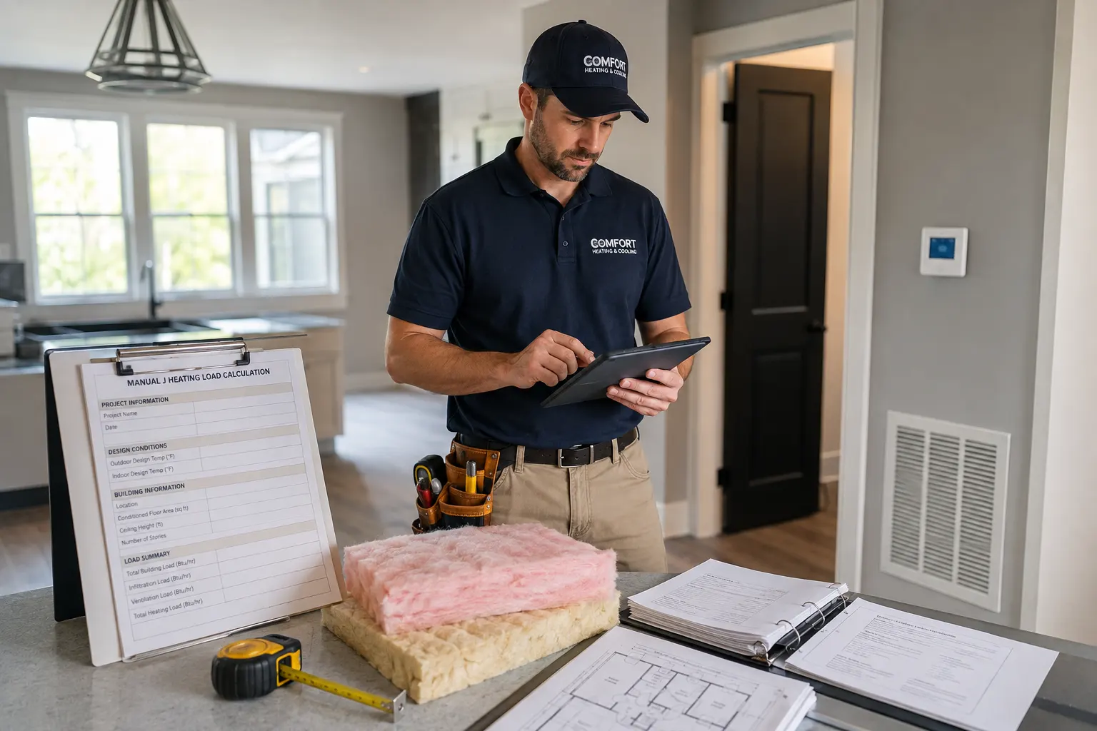 HVAC technician reviewing a digital tablet beside insulation samples and home blueprints to perform a furnace load calculation manual j.