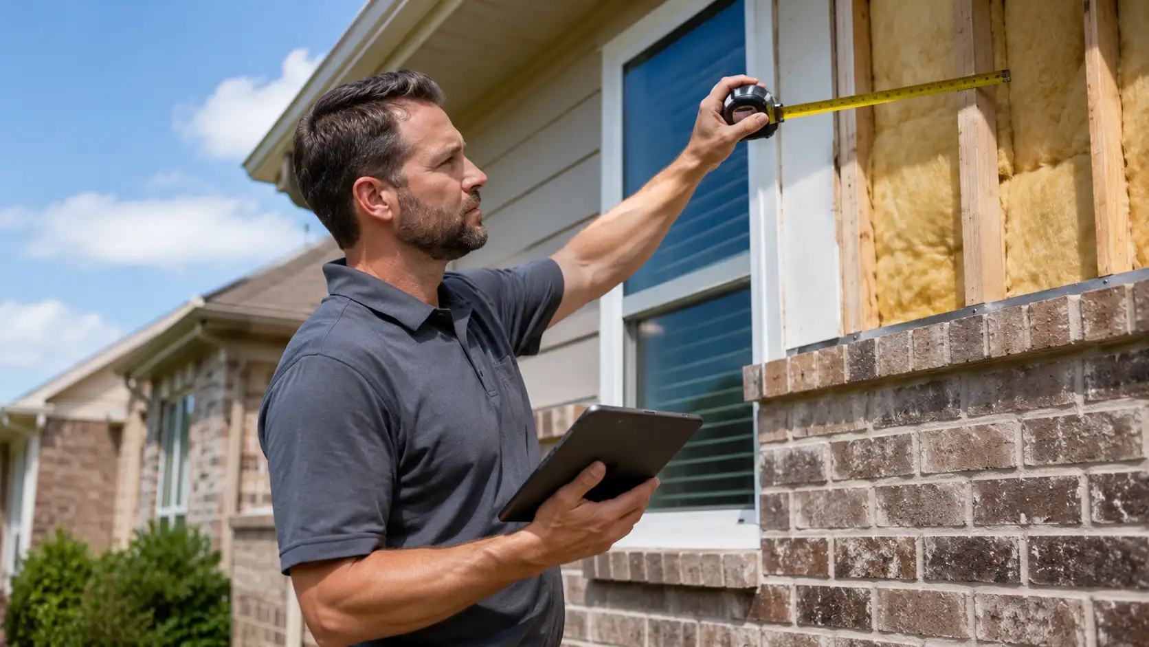 HVAC technician measuring house wall insulation for heat pump sizing.