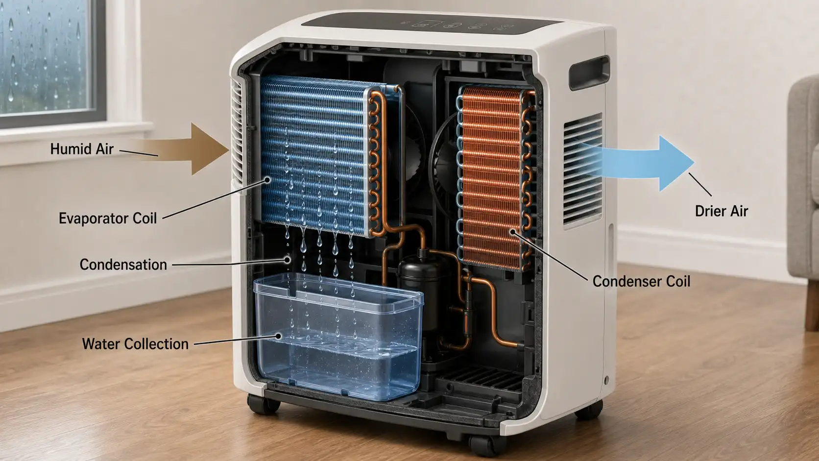 Cutaway diagram of a dehumidifier showing humid air condensing on the cold evaporator coil, collecting as water, and exiting as drier air past the coil.