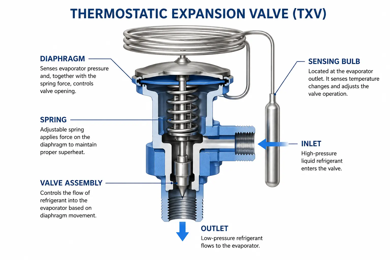 Labeled diagram explaining how does a TXV work.