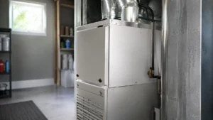 Modern residential heating unit installed in a home basement to illustrate how long does a furnace last.