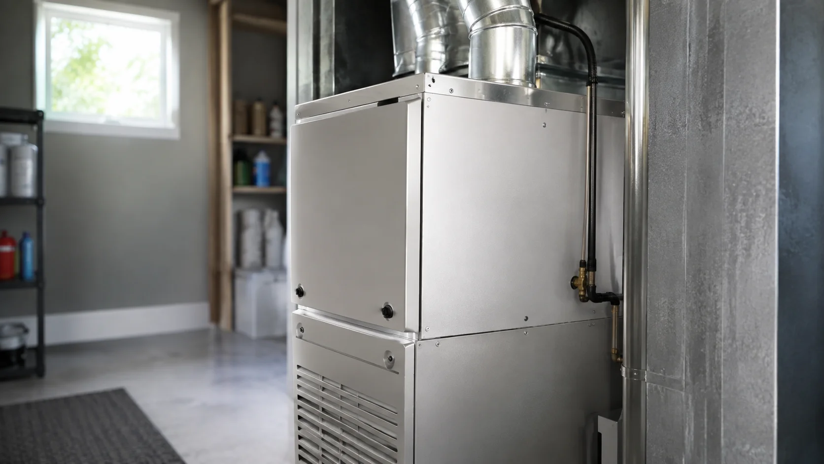 Modern residential heating unit installed in a home basement to illustrate how long does a furnace last.