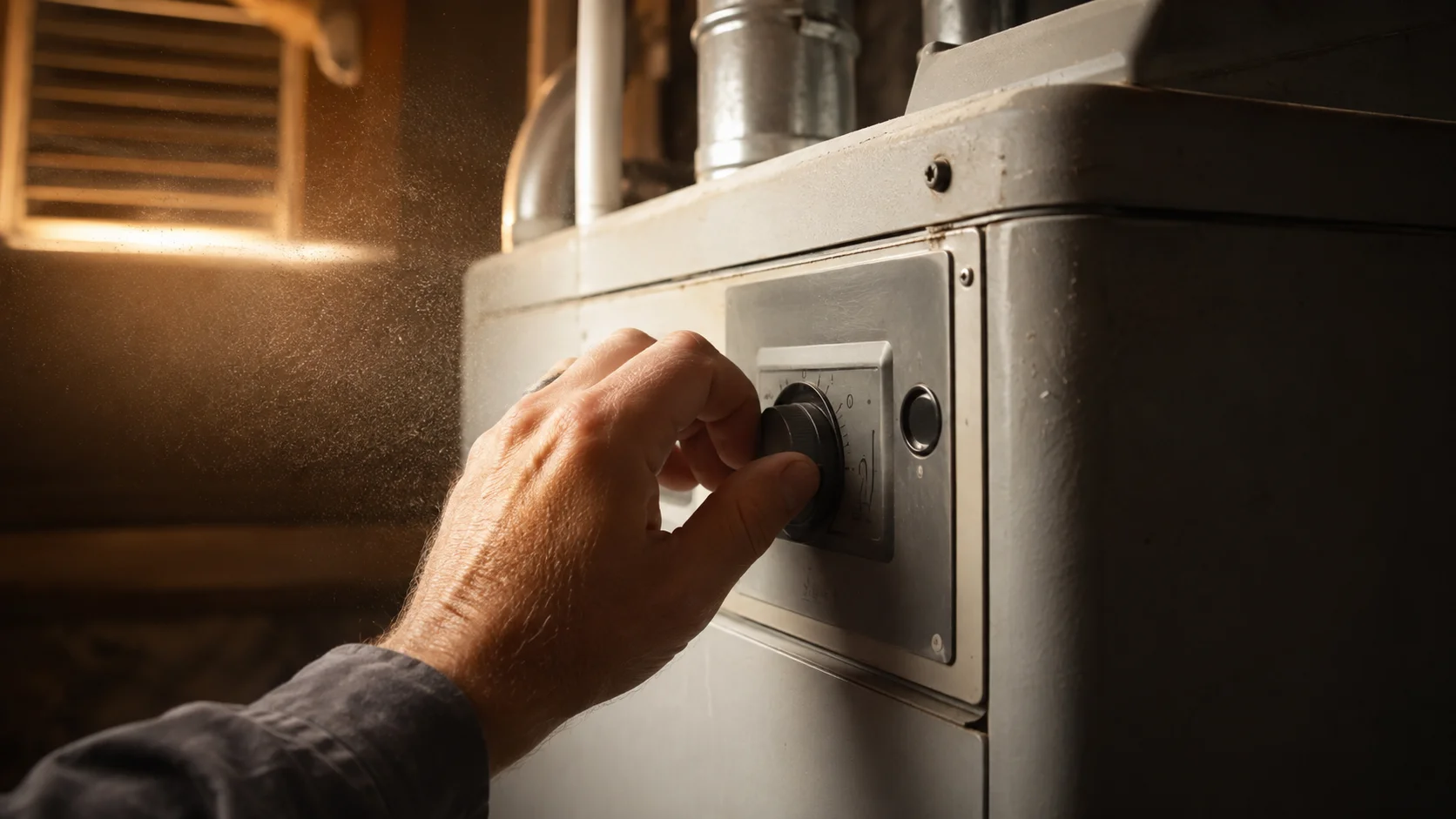Hand adjusting the temperature knob on an older residential home furnace in a basement.
