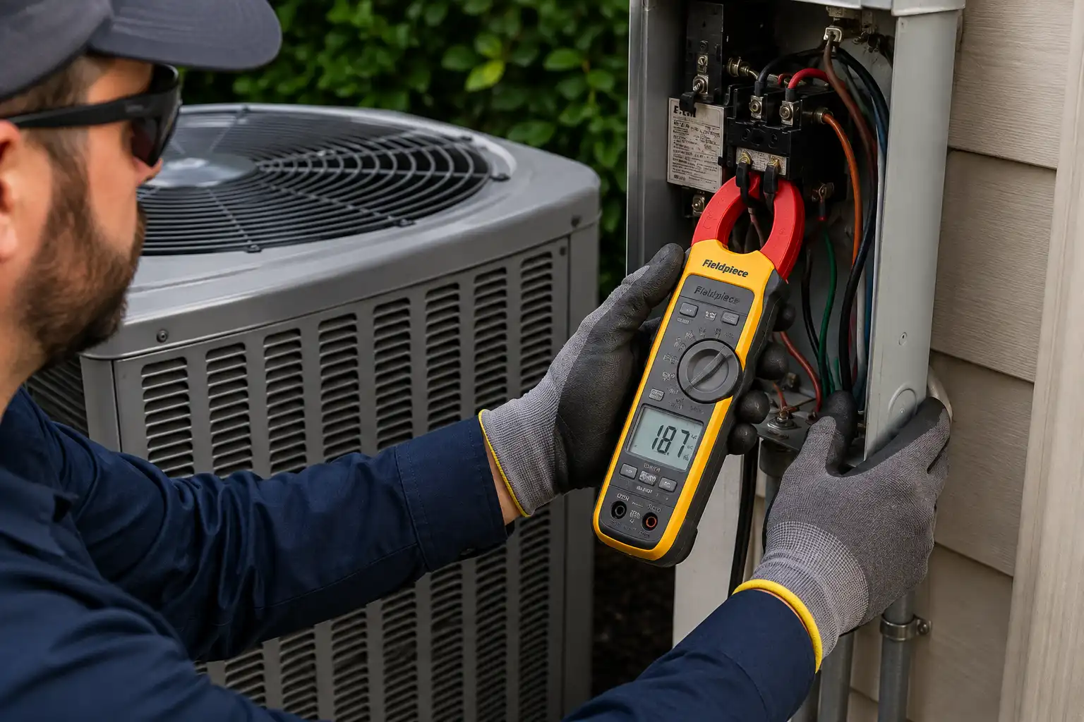 HVAC technician using a clamp meter to test how many amps does a heat pump use at the electrical panel.