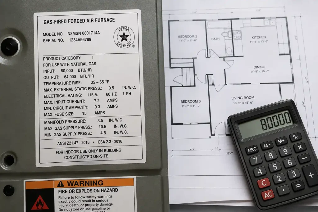 Homeowner adjusting a digital thermostat mounted near a home heating unit to determine how many BTU furnace do I need.