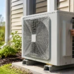 A technician performing maintenance on an outdoor condenser unit to check how many watts does a heat pump use.