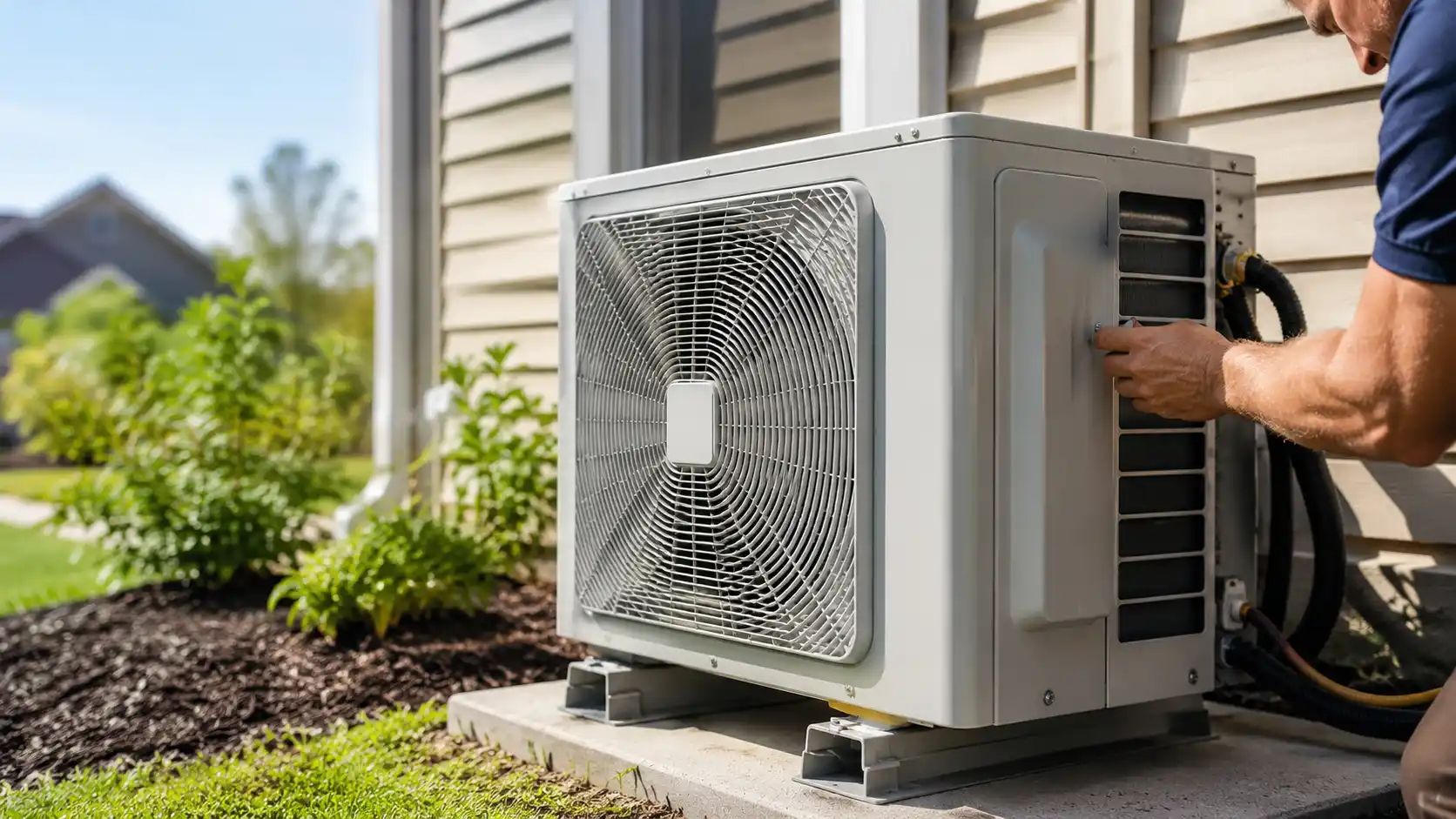 A technician performing maintenance on an outdoor condenser unit to check how many watts does a heat pump use.