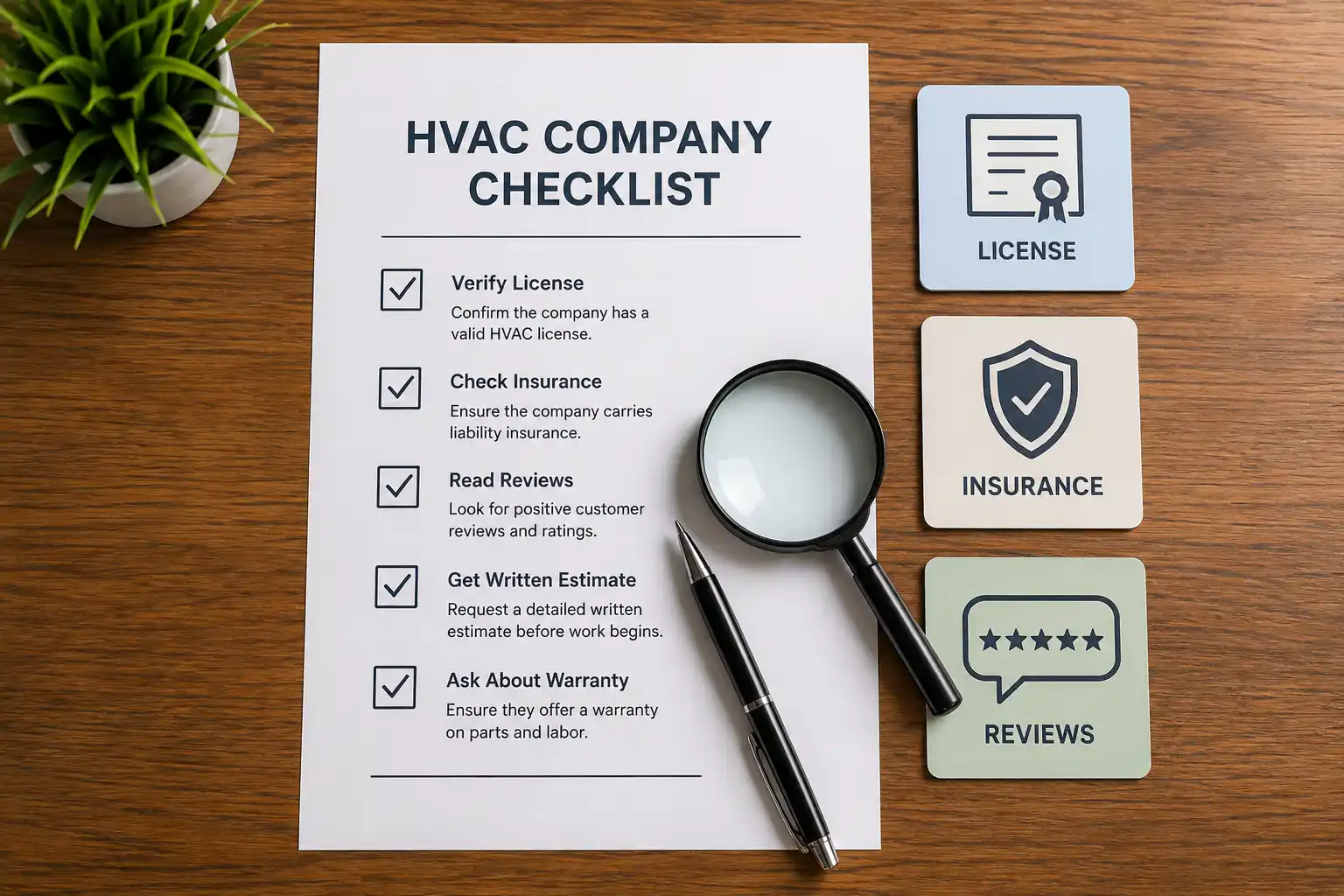 HVAC company checklist document showing items like verifying license, checking insurance, reading reviews, getting estimates, and asking about warranty alongside a magnifying glass and pen.