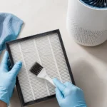 Person wearing blue gloves using a small brush to show how to clean a hepa filter.