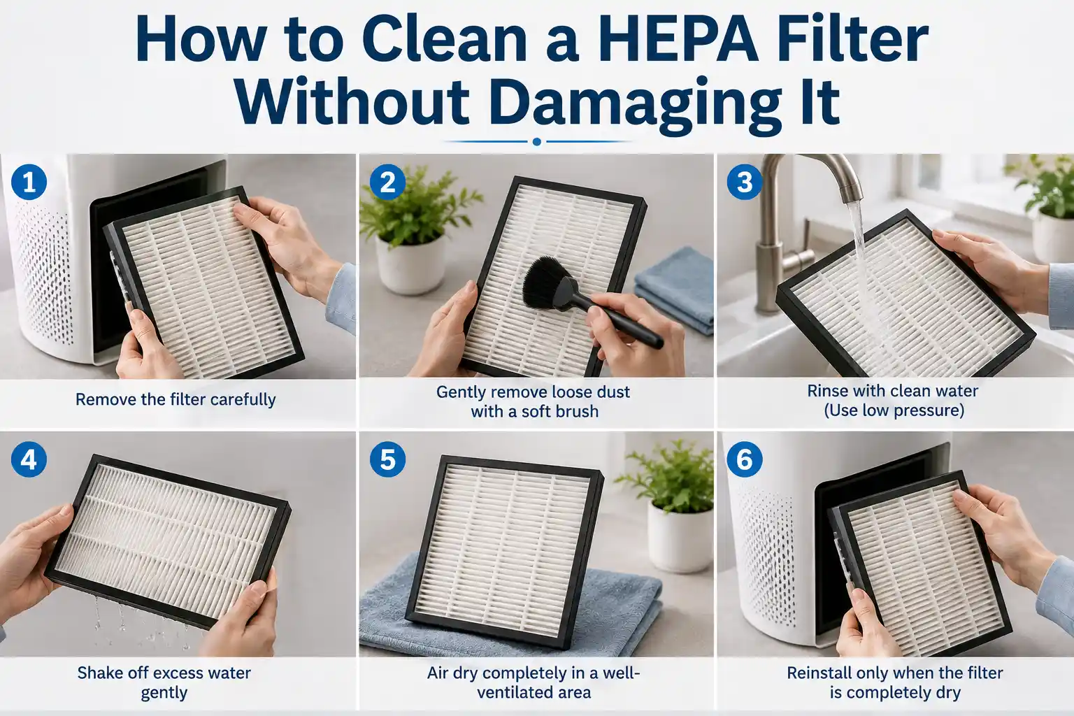 Six-step infographic detailing how to clean a HEPA filter without damaging it from removal to drying and reinstallation.
