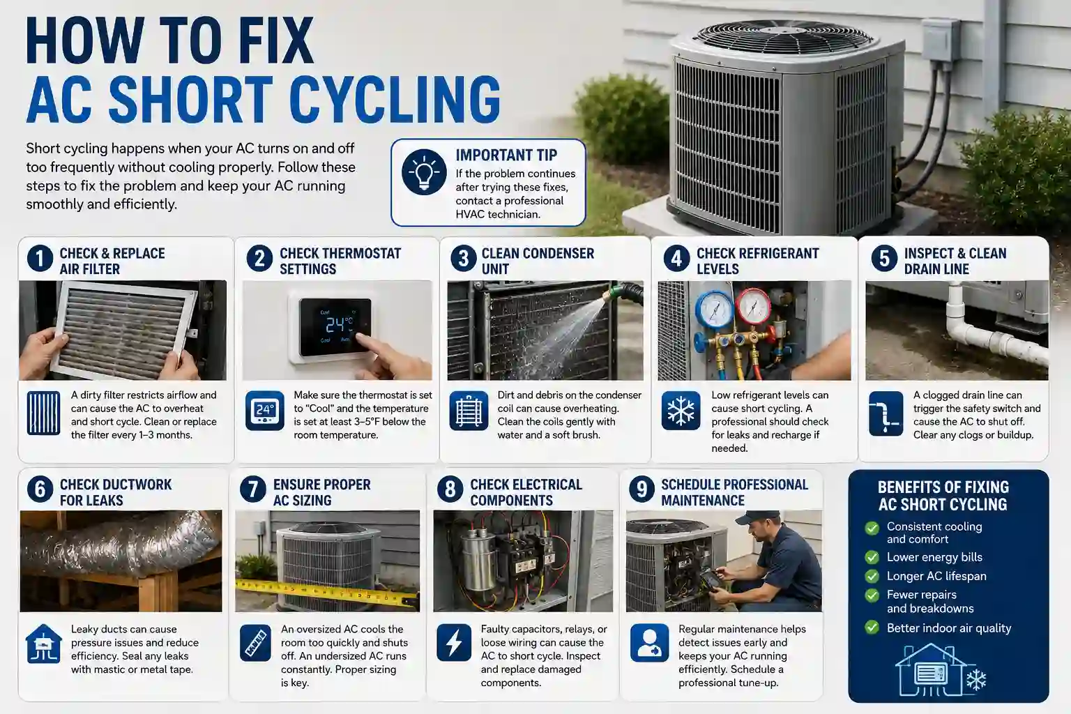 Infographic showing step-by-step instructions on how to fix AC short cycling, including changing air filters, adjusting thermostat settings, and cleaning condenser coils.
