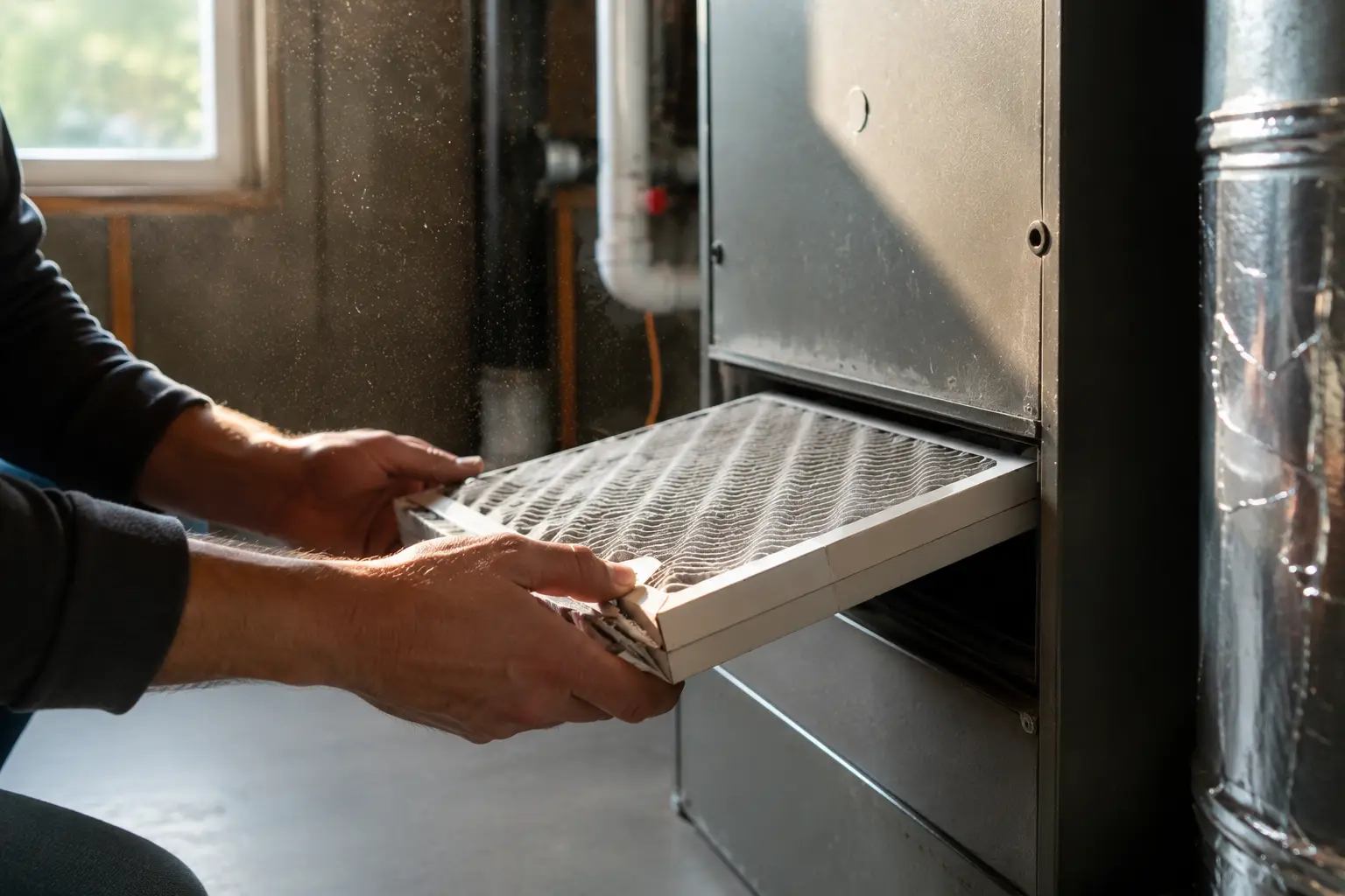 Hands removing a dirty air filter from a home furnace slot during routine maintenance.