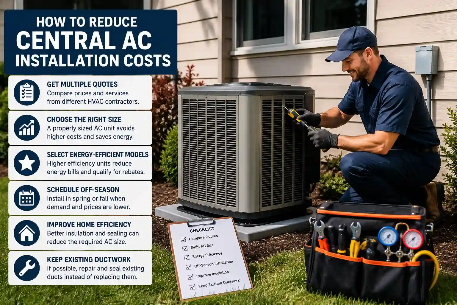 Infographic showing tips on how to reduce central AC installation costs alongside an HVAC technician servicing an outdoor unit.