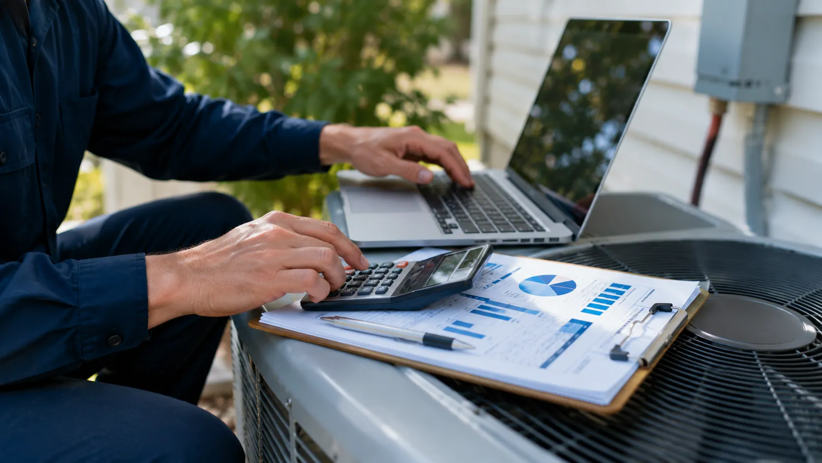 Technician using a calculator, laptop, and reports on an outdoor unit to calculate heat pump sizing.