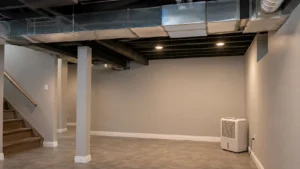 Exposed ductwork and portable dehumidifier showing how to ventilate a basement without windows.