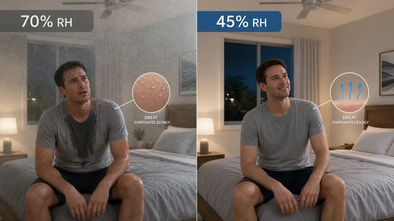 Side by side comparison of a man sweating heavily at 70% humidity versus feeling comfortable and dry at 45% humidity in the same bedroom.