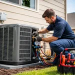 HVAC technician working on an outdoor unit to install central air conditioning system.