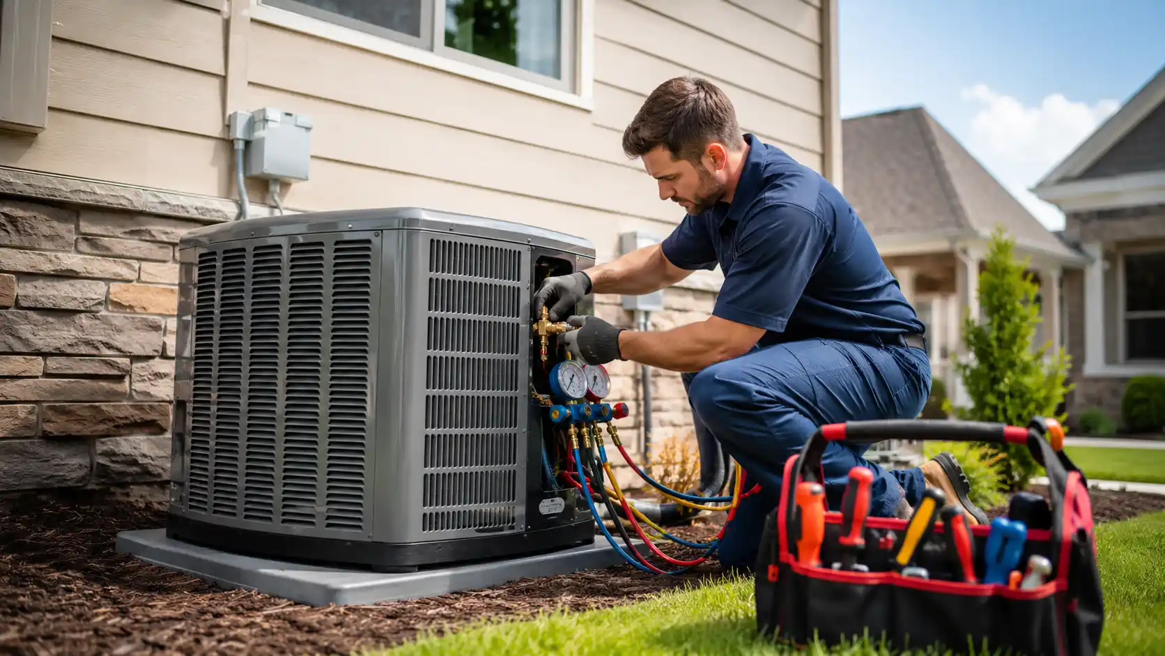 HVAC technician working on an outdoor unit to install central air conditioning system.