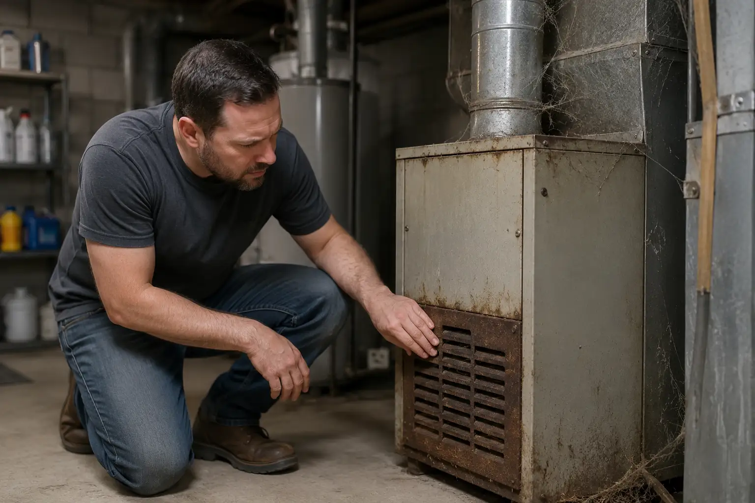 Man kneeling in a basement inspecting a dusty, old home furnace for wear and tear.