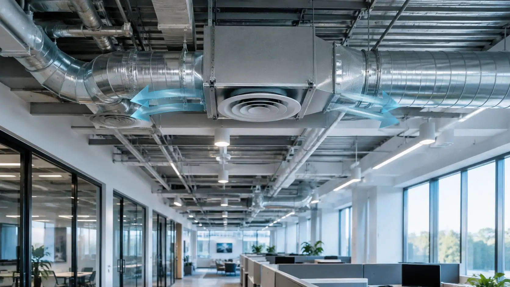 VAV meaning in air conditioning shown via ceiling airflow arrows in an office.