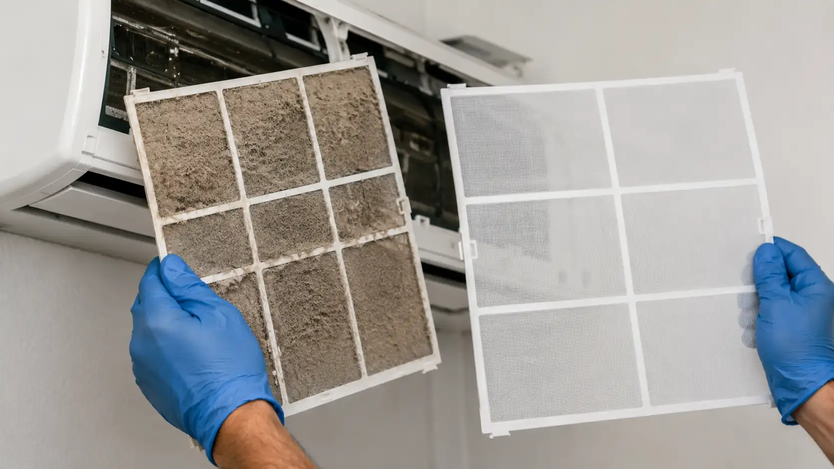 Hands holding a dirty air filter next to a clean one as part of routine AC maintenance.