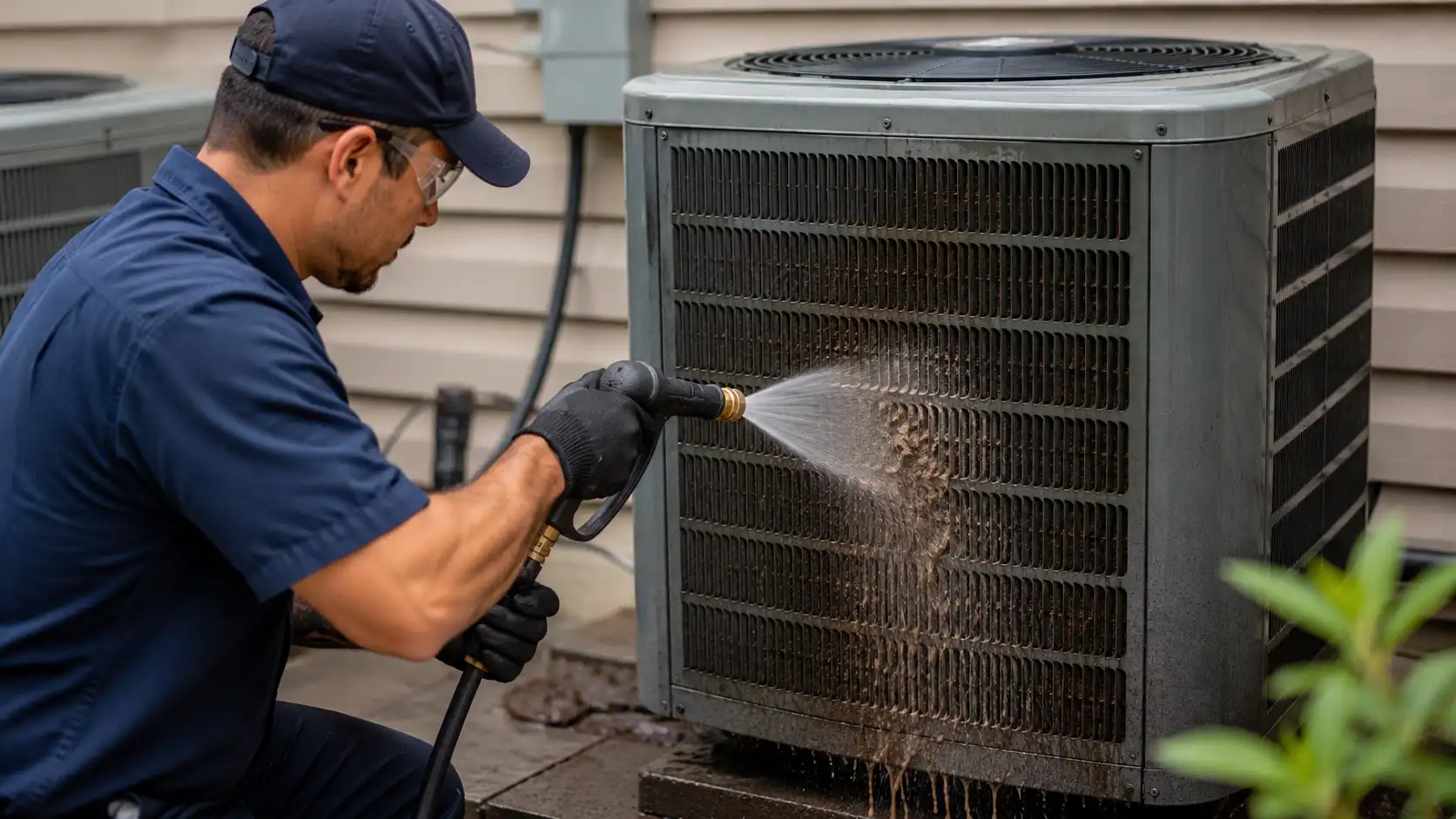 HVAC technician spraying water to clean condenser coils as part of what does an AC tune up include.