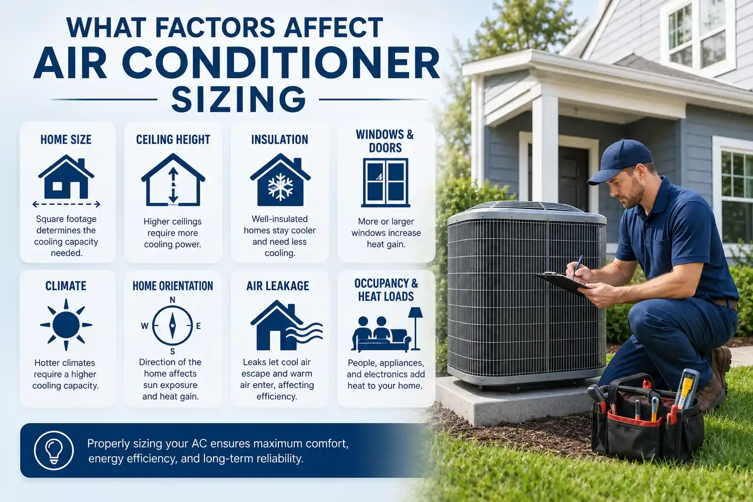 Infographic illustrating key factors that affect air conditioner sizing, including square footage, climate, and insulation.