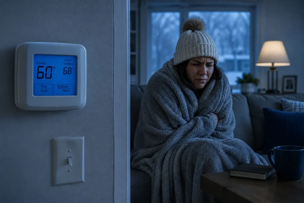 Cold woman wrapped in a blanket in a freezing room showing a thermostat at 60 degrees to illustrate what happens if a furnace is too small.