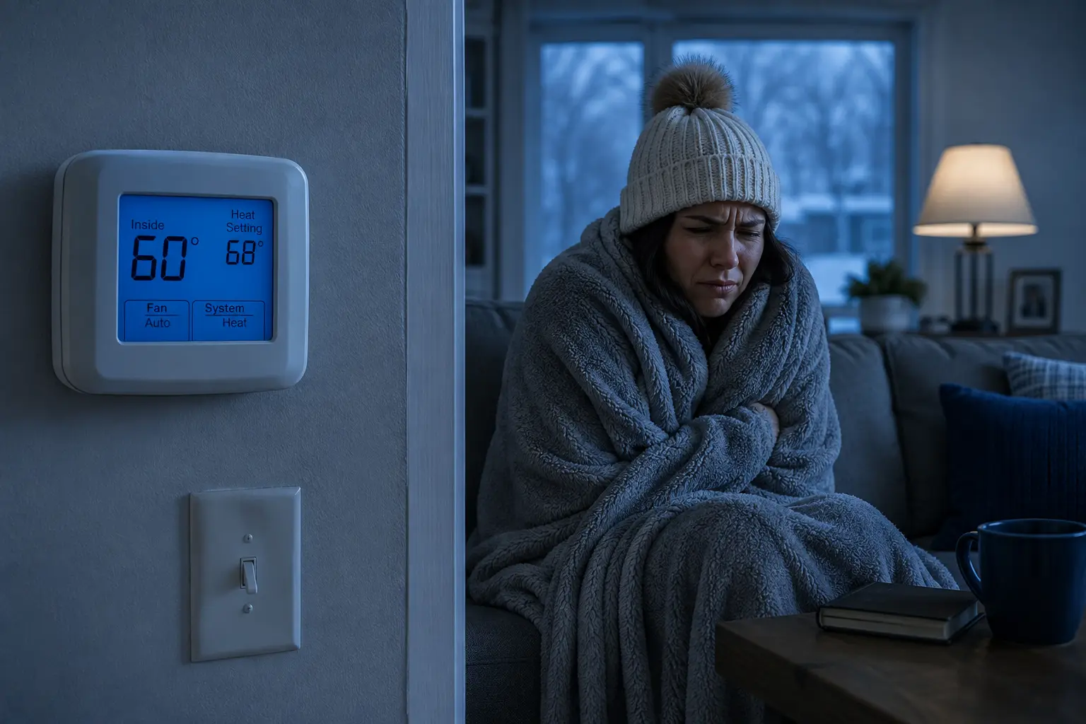 Cold woman wrapped in a blanket in a freezing room showing a thermostat at 60 degrees to illustrate what happens if a furnace is too small.