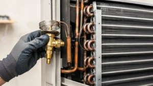 A technician holding a brass expansion valve next to an evaporator coil to demonstrate what is a TXV in HVAC systems.
