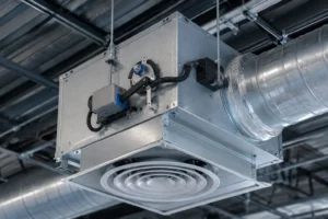 An installed variable air volume terminal unit explaining what is a vav in hvac systems.