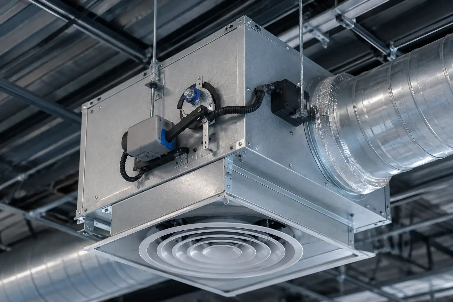 An installed variable air volume terminal unit explaining what is a vav in hvac systems.