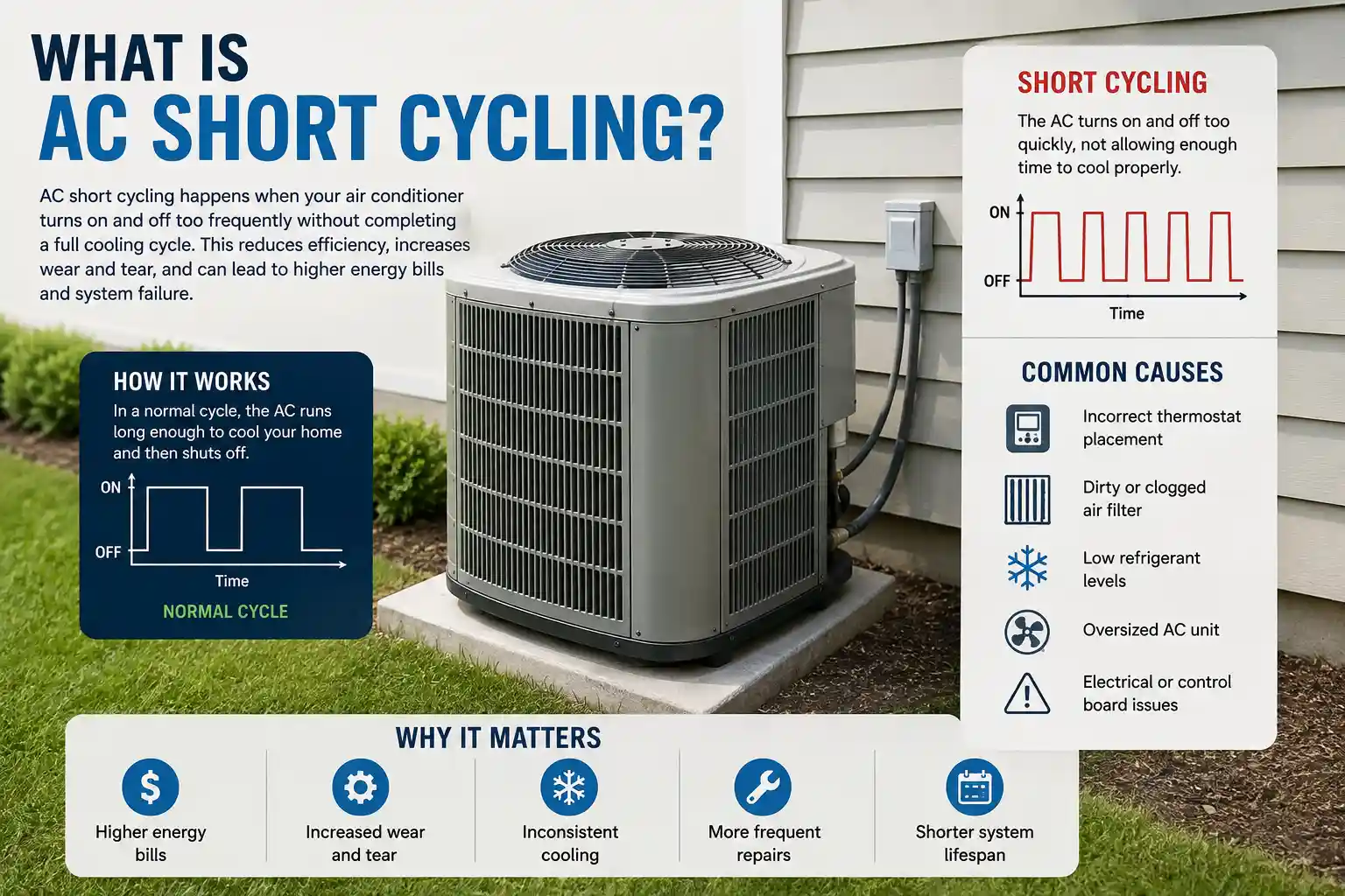 Diagram explaining what is AC short cycling, comparing a normal cooling cycle to short cycling alongside common causes like dirty filters and thermostat issues.