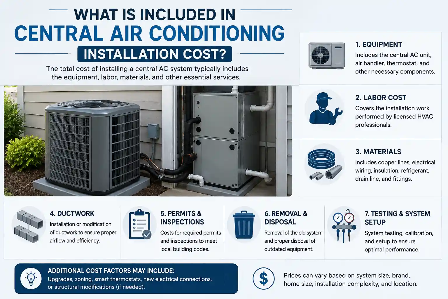 Infographic displaying what is included in central air conditioning installation cost.