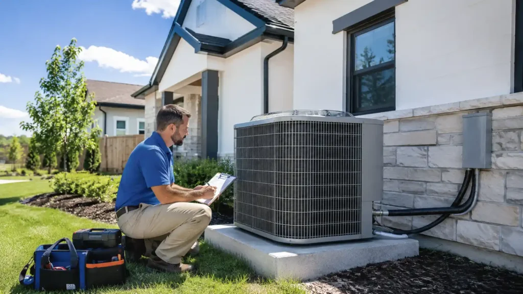 HVAC technician calculating what size air conditioner you need next to an outdoor AC unit.
