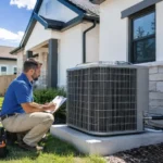 HVAC technician calculating what size air conditioner you need next to an outdoor AC unit.