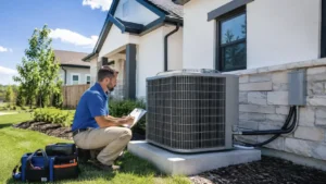 HVAC technician calculating what size air conditioner you need next to an outdoor AC unit.