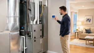 Homeowner adjusting a digital thermostat next to a modern residential furnace system to determine what size furnace do I need.