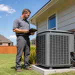 HVAC technician inspecting an outdoor unit to determine what size heat pump do I need.