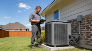 HVAC technician inspecting an outdoor unit to determine what size heat pump do I need.