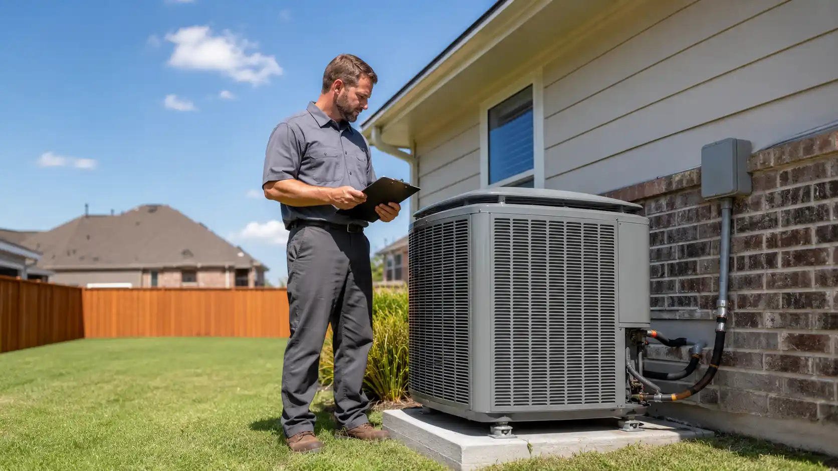 HVAC technician inspecting an outdoor unit to determine what size heat pump do I need.