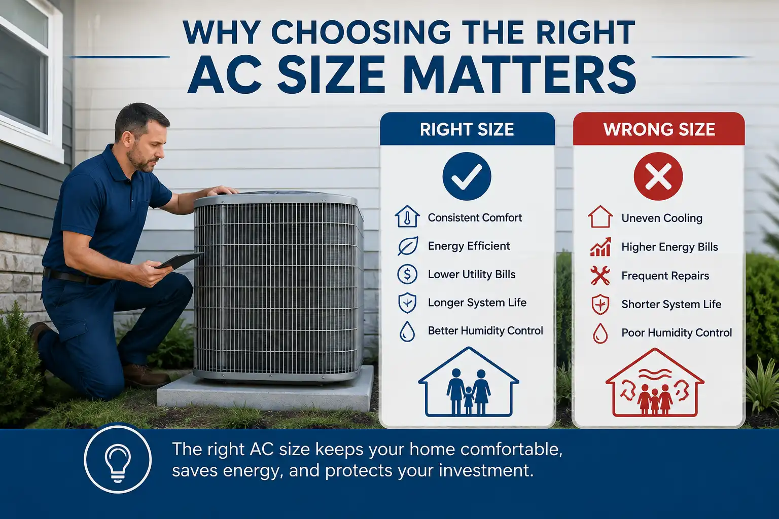 Infographic showing why choosing the right AC size matters, comparing the benefits of the right size versus the wrong size air conditioner.