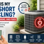 Diagram explaining why is my AC short cycling, showing an outdoor condenser unit, a digital thermostat, and common causes like dirty air filters and low refrigerant.