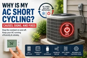 Diagram explaining why is my AC short cycling, showing an outdoor condenser unit, a digital thermostat, and common causes like dirty air filters and low refrigerant.