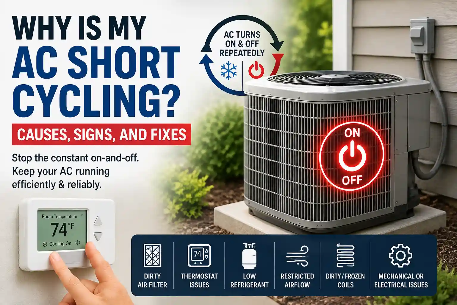 Diagram explaining why is my AC short cycling, showing an outdoor condenser unit, a digital thermostat, and common causes like dirty air filters and low refrigerant.