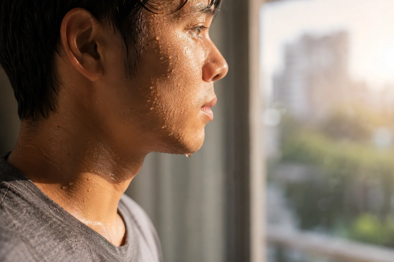Close-up of a sweaty man looking out a window in a warm, humid indoor setting.
